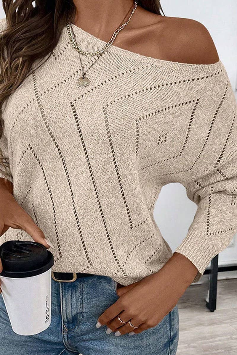 CWOSWL07353_LOOSE HOLLOW OUT DIAMOND KNIT CREWNECK TOP