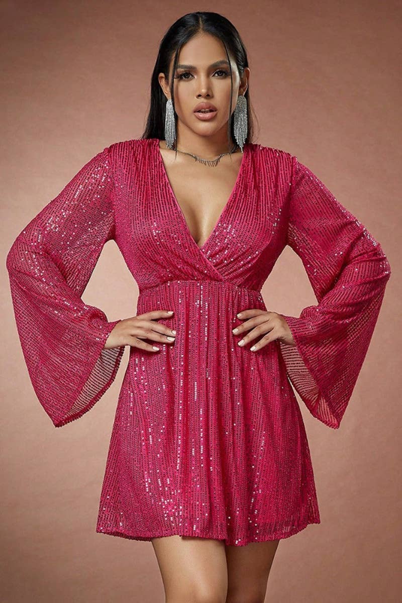 CWDSD4294_SEQUIN LONG SLEEVE MESH DEEP V SWING DRESS