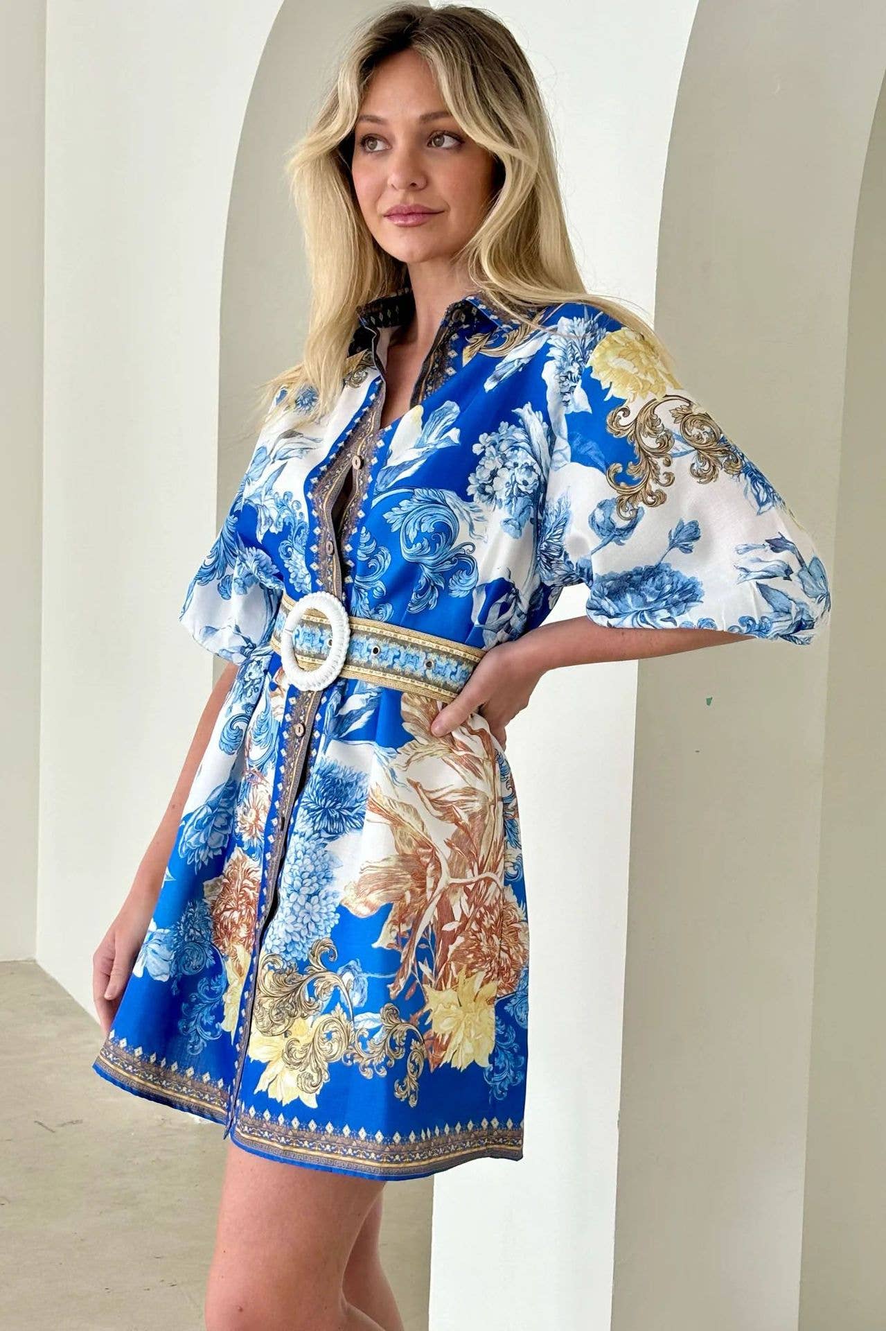 Casual fashion printed V-neck short waist dress