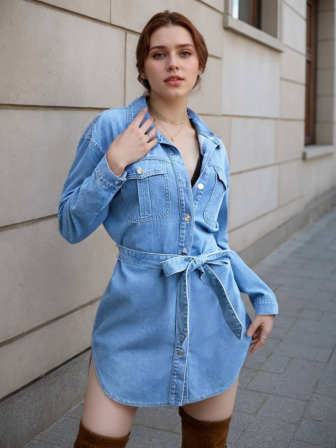Denim lapel non-elastic lace-up mid-length dress