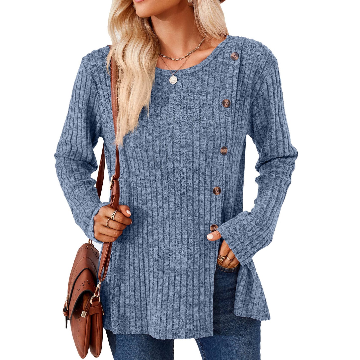 CREW-NECK BUTTON-UP LONG-SLEEVED LOOSE T-SHIRT