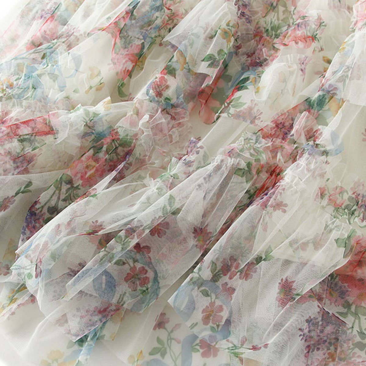 Colorful Floral Mesh Paneled Tiered Skirt