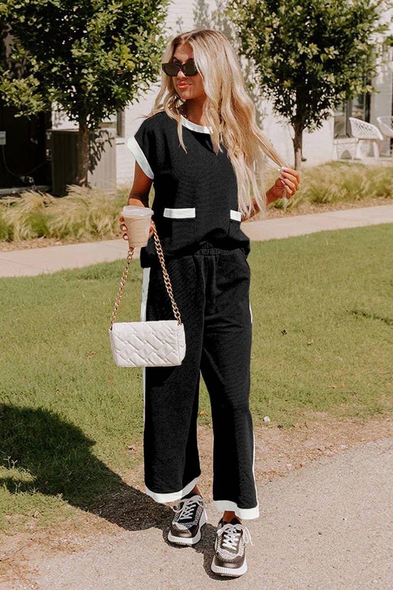 CWSTB1794_COLOR BLOCK ROUND NECK LOOSE FIT TWO-PIECE SET