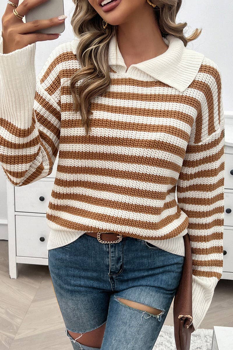 CWOSWL6817_CASUAL LOOSE LAPEL STRIPED LONG SLEEVE SWEATER