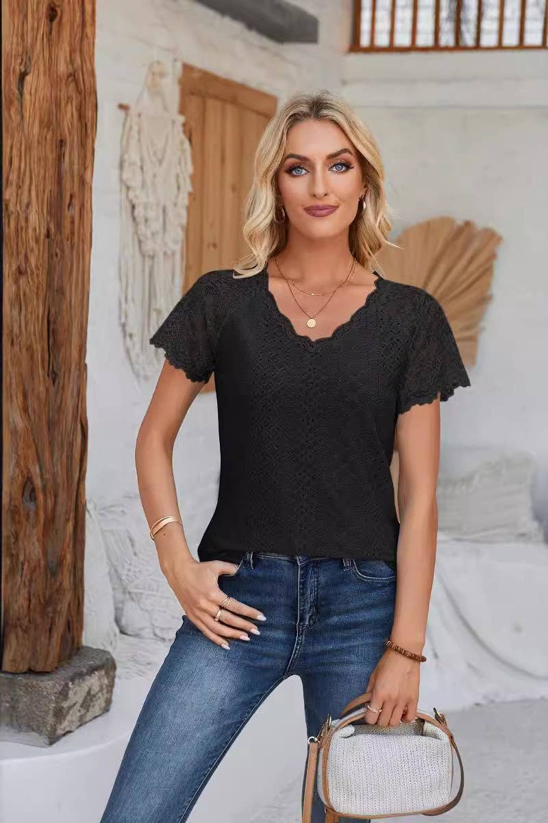 CWTTS00707_SUMMER LACE PATCHWORK SHORT-SLEEVED T-SHIRT