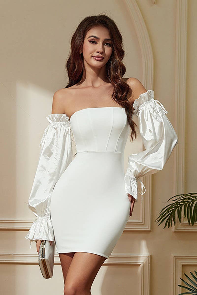 CWDSD10657_OFF SHOULDER LANTERN SLEEVE STRAPLESS DRESS