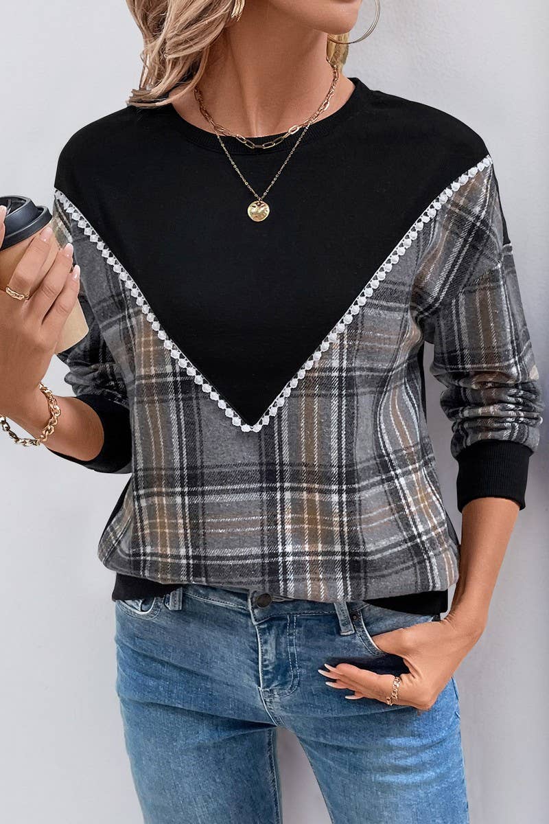 CWTBLL3714_CASUAL PLAID STITCHING ROUND NECK SWEATSHIRT