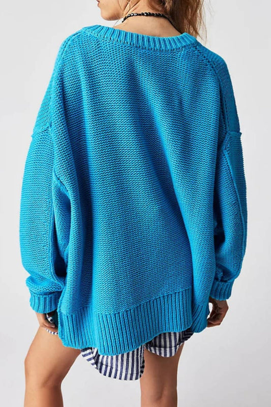 CWOSWL5839_STYLISH V-NECK LONG-SLEEVED PULLOVER SWEATER