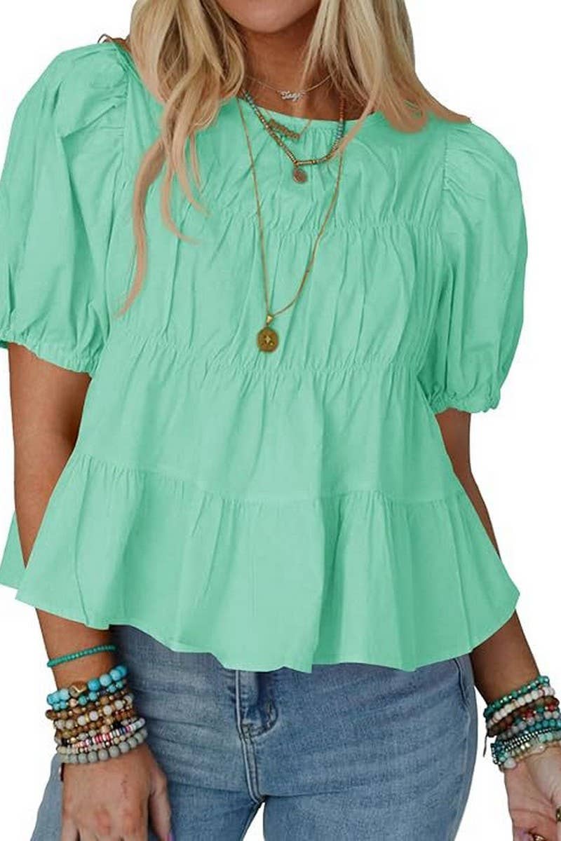 CWTBLS02490_2025 SUMMER PUFF SLEEVE LOOSE A-LINE BLOUSE
