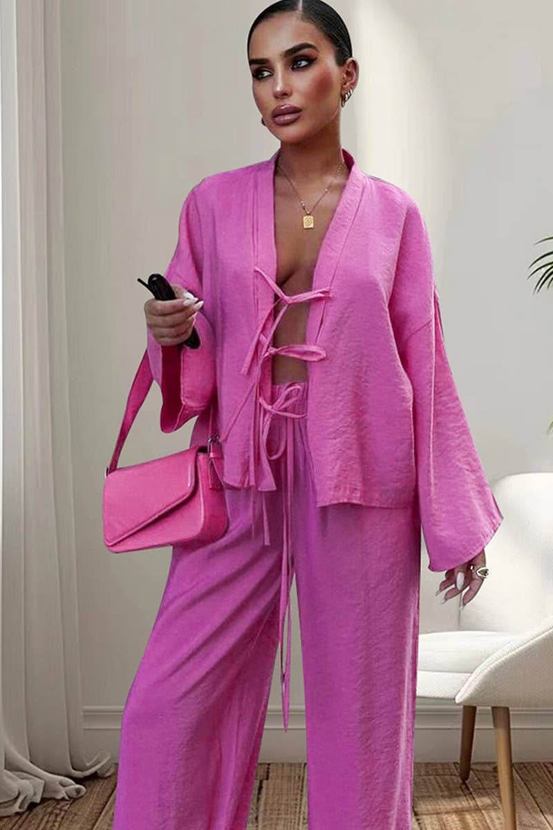 CWSPJ0370_SOLID COLOR LACE-UP CARDIGAN PAJAMA SET