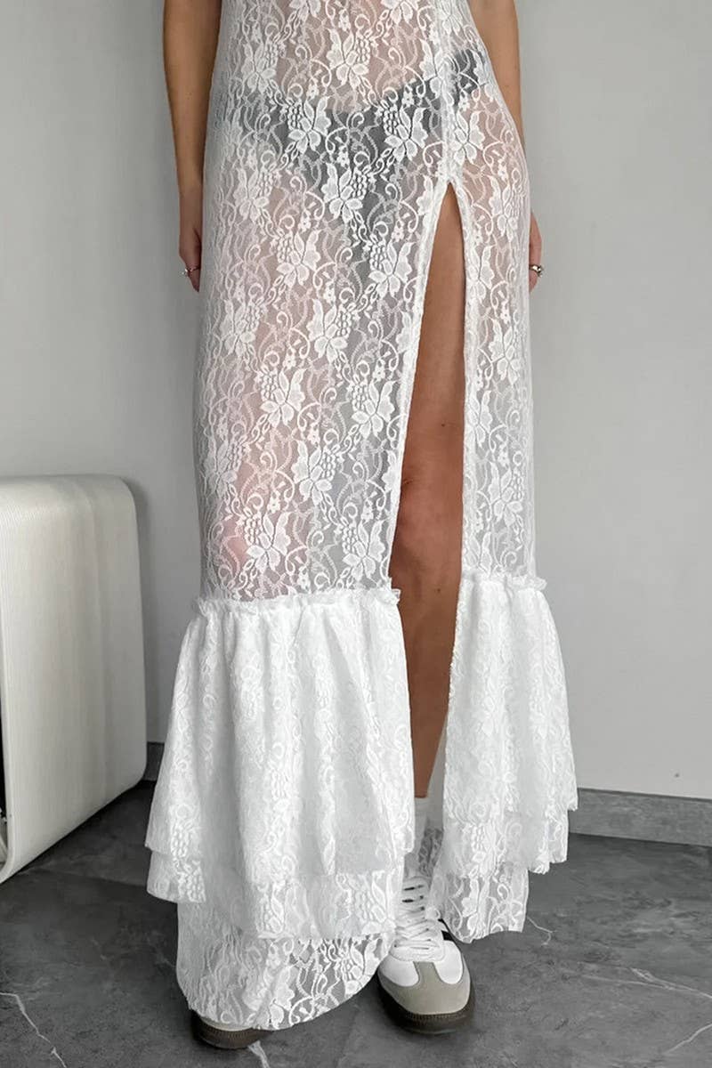 CWDMD955_SHEER LACE V-NECK SLIT SUSPENDER DRESS