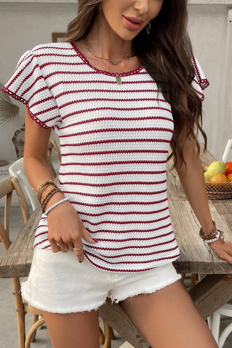 CWTTS1359_SUMMER LACE ROUND NECK STRIPED SHORT SLEEVE TOP
