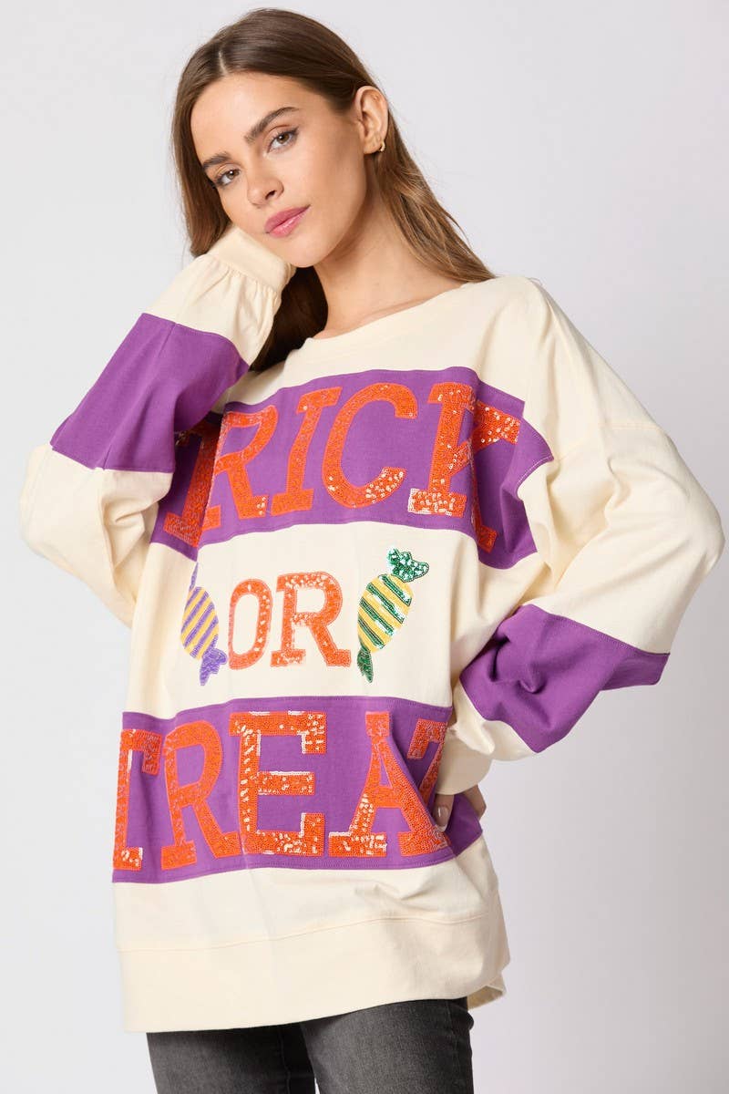 CWTBLL01243_HALLOWEEN LETTER SEQUIN COLORBLOCK SWEATSHIRT