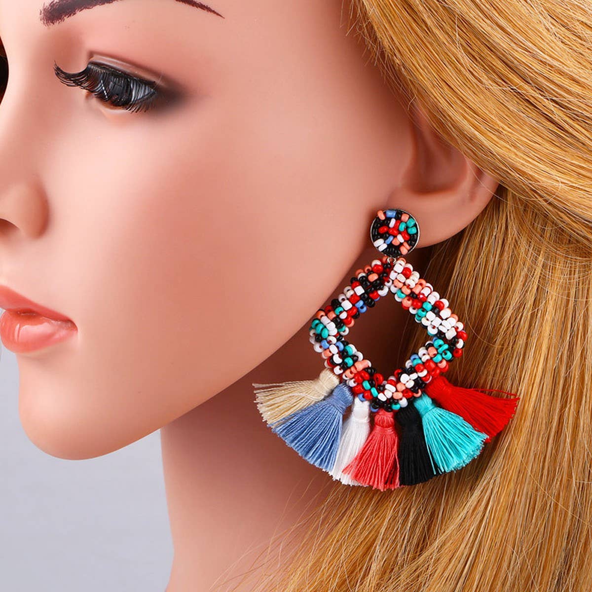 GEOMETRIC DIAMOND SHAPED RICE BEAD TASSEL EARRINGS