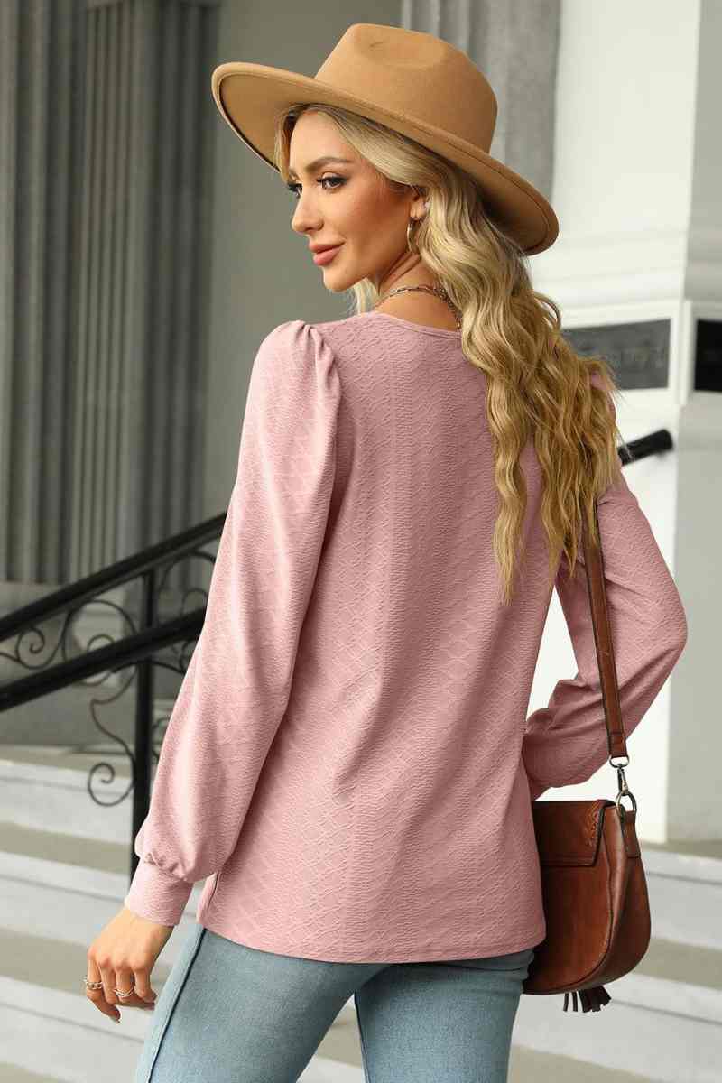 CWTBLL2832_AUTUMN SQUARE NECK JACQUARD LONG-SLEEVED TOP