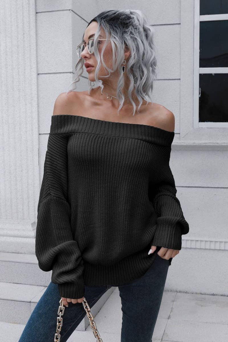 CWOSWL3882_OFF-SHOULDER LONG-SLEEVED KNITTED SWEATER