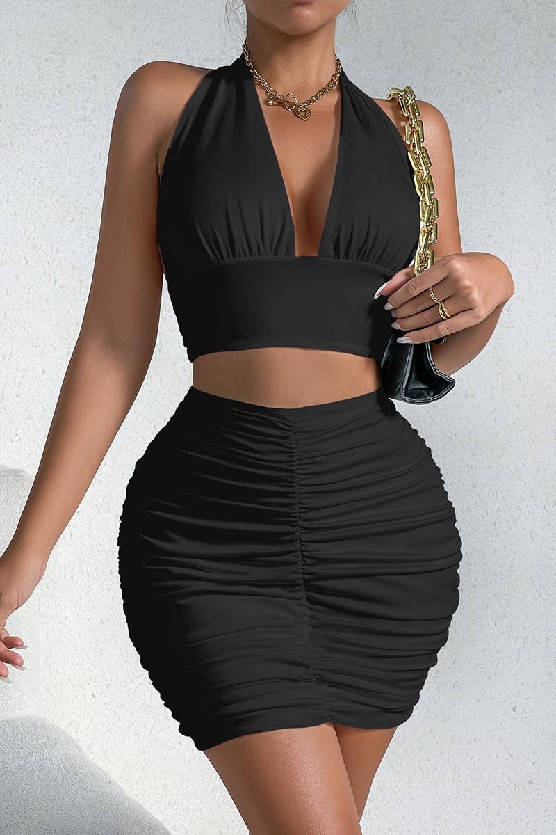 CWSTB00415_NAVEL-BARING HALTERNECK TOP AND SHORT SKIRT SET