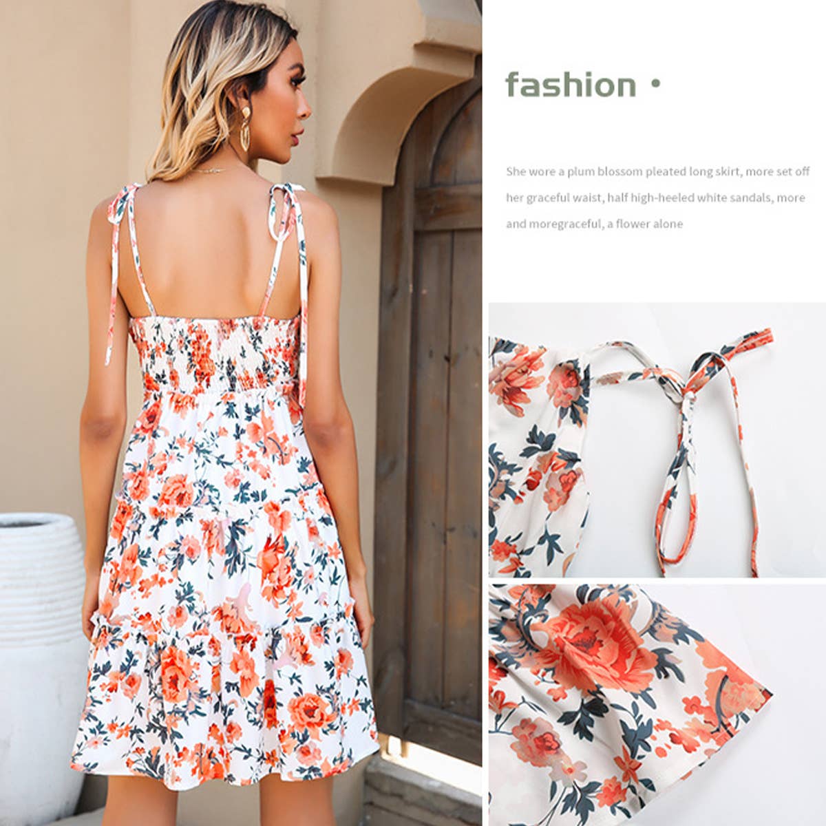 FLORAL DRESS WITH WOODEN EAR FRINGE WITH BOW
