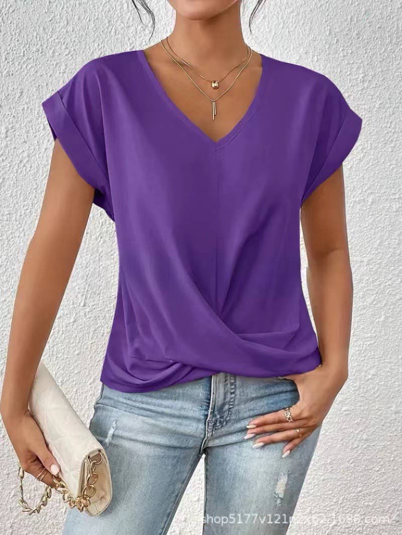 Elegant short-sleeved solid-color V-neck T-shirt