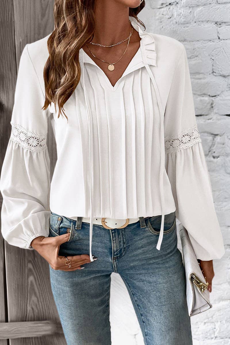 CWTBLL00727_LACE V NECK LONG SLEEVE SOLID PLEATED BLOUSE