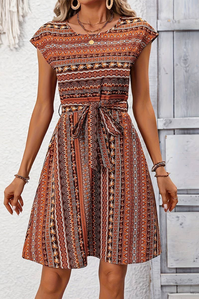 CWDMD5343_BOHO PRINT STRIPED BELTED A-LINE DRESS
