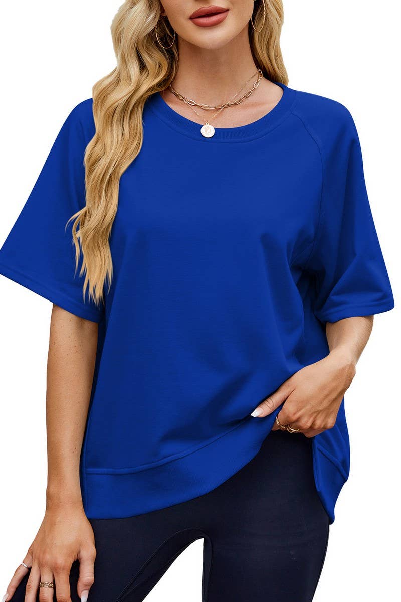 CWTTS1341_SPRING AND SUMMER THREADED ROUND NECK LOOSE TOP
