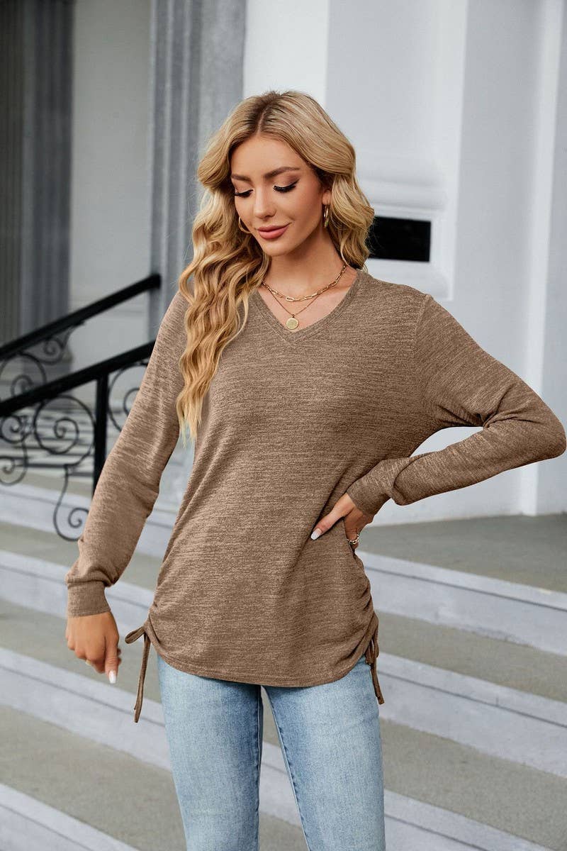 CWTBLL3662_WOMEN'S V-NECK PLEATED LONG SLEEVED LOOSE T-SHIRT