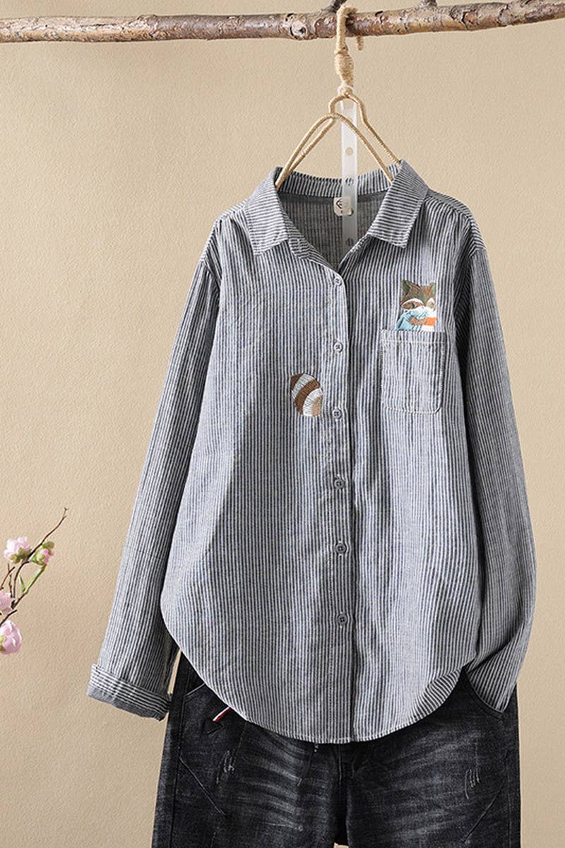 CWTSTL2249_FOX EMBROIDERED STRIPED COTTON SHIRT TOP