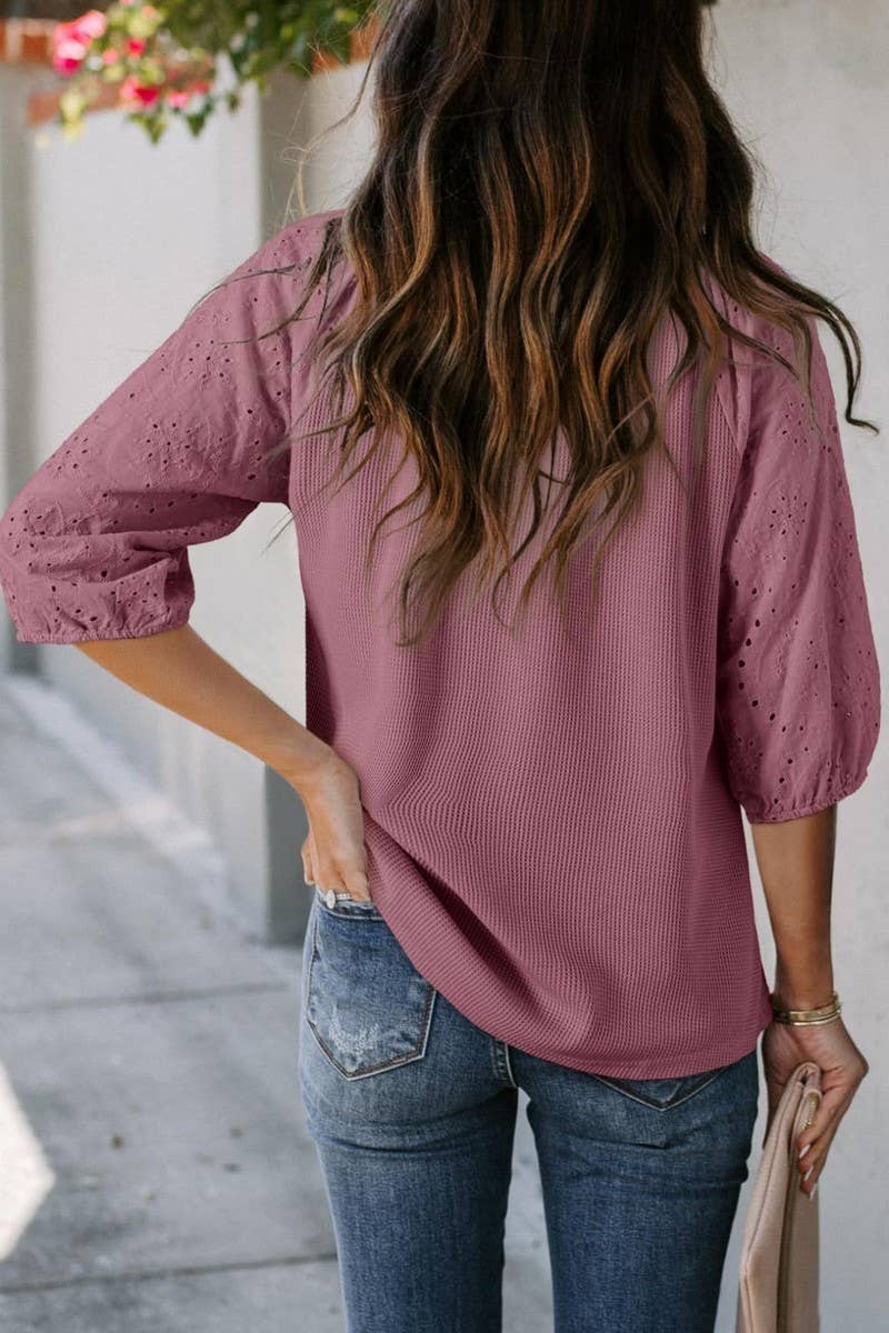 CWOHOS0021_SUMMER DRAWSTRING HOLLOW V-NECK SLEEVE T-SHIRT