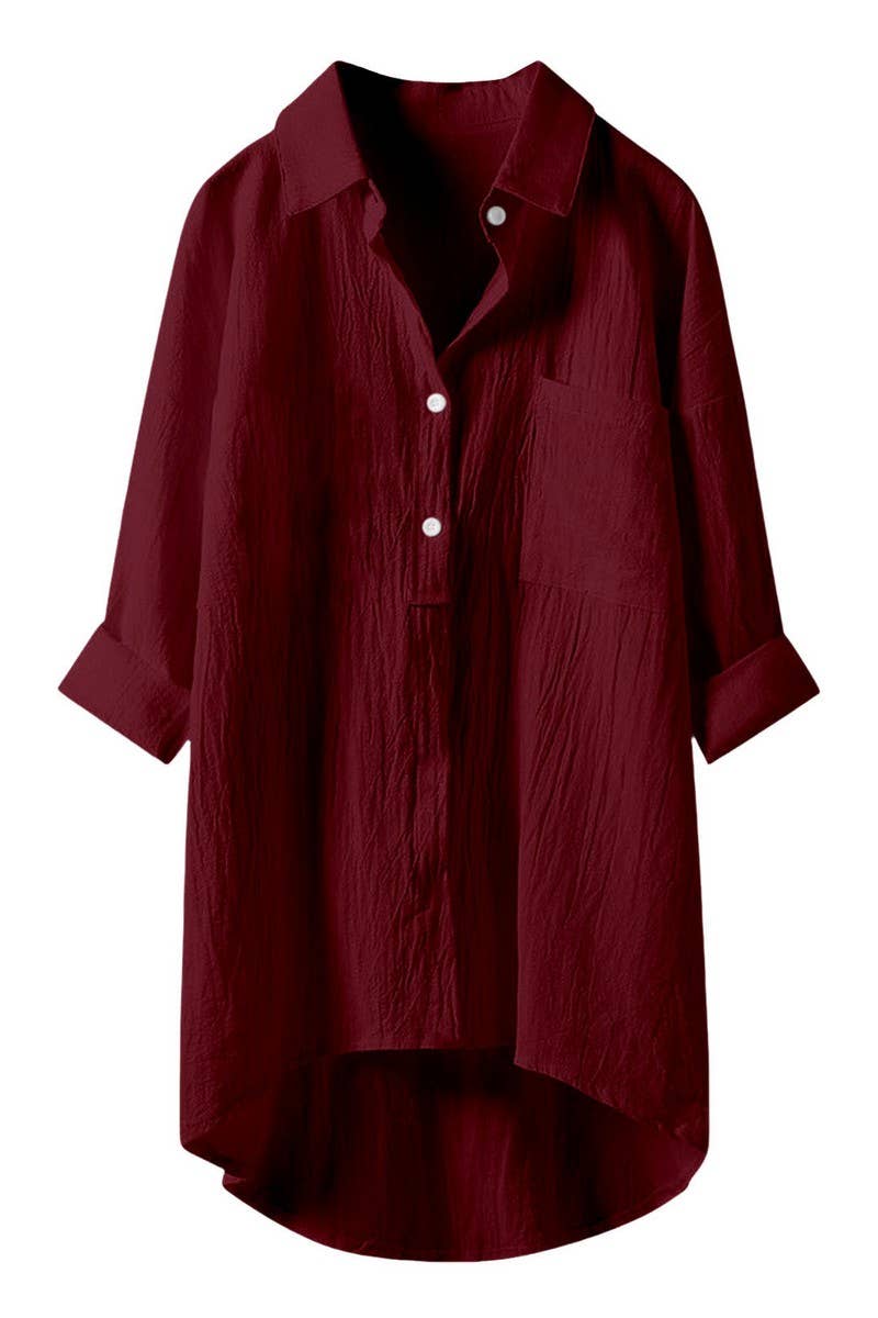 CWTSTL2876_SOLID COLOR HIGH AND LOW COTTON AND LINEN SHIRT