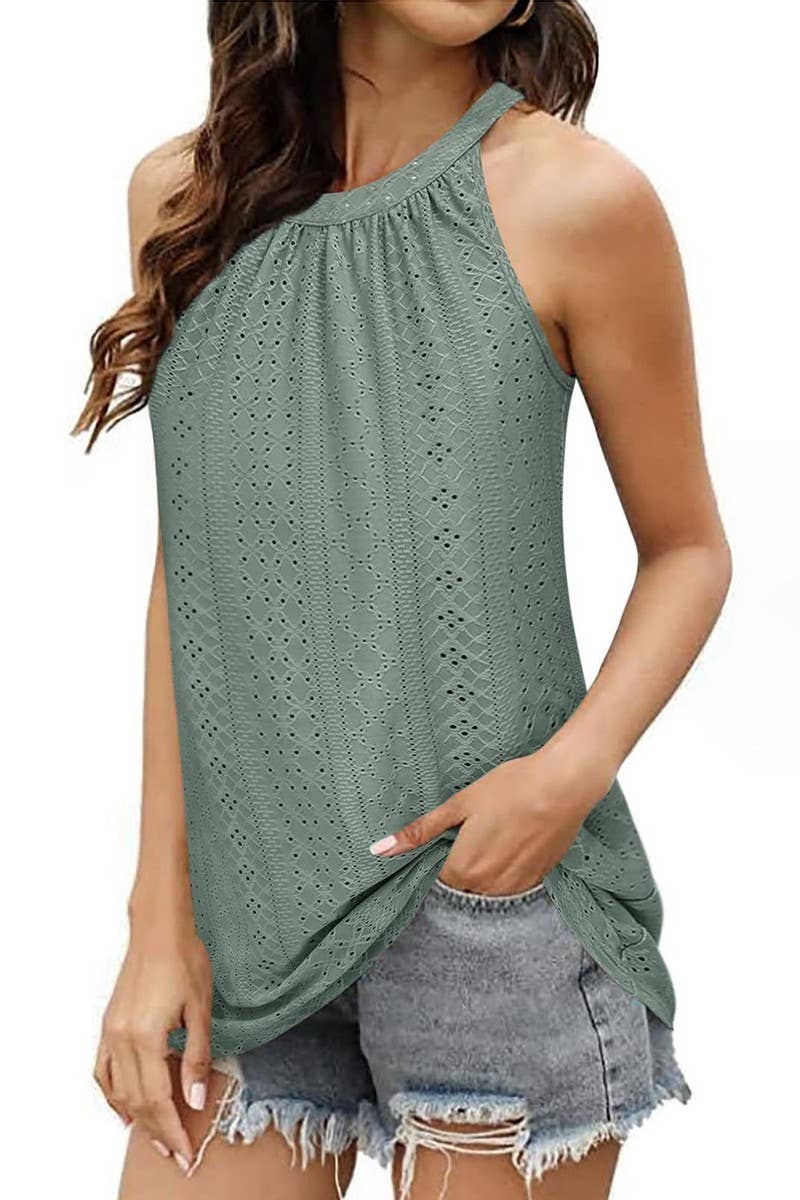 CWTBLSL0623_GATHERED EYELET SLEEVELESS CAMISOLE TOP