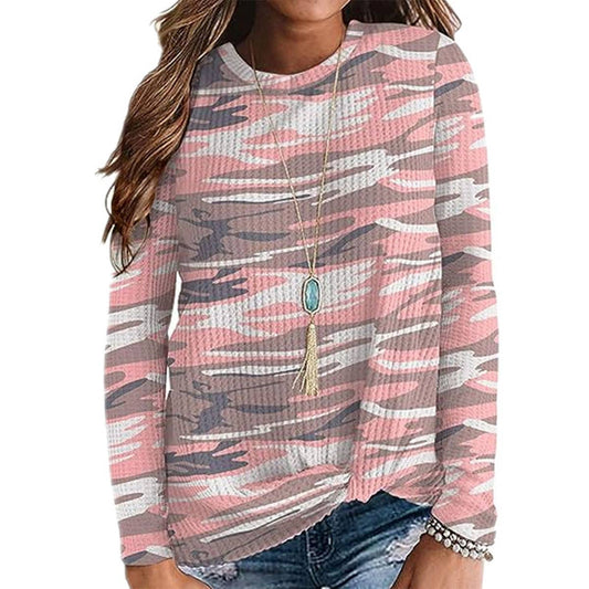 CAMO PRINT TWIST WAFFLE T-SHIRT WITH LOOSE HEM