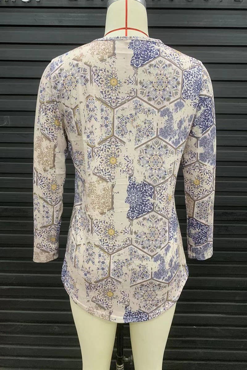 CWTBLL1043_SQUARE NECK PRINTED LONG SLEEVE CASUAL TOP