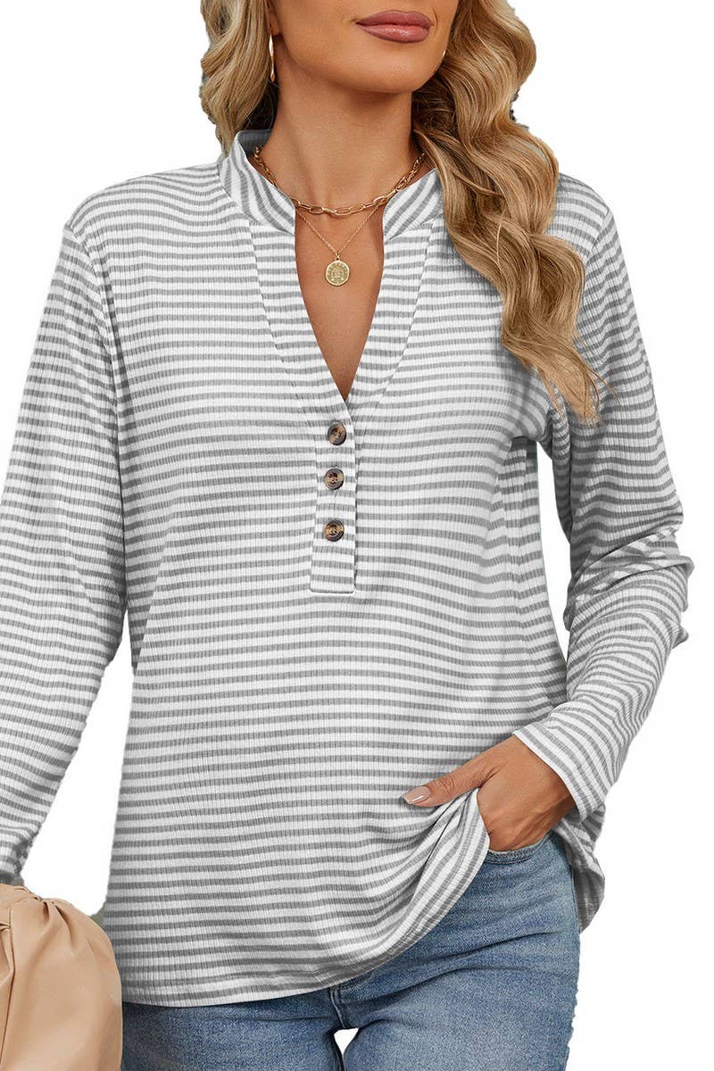 CWTBLL2356_V-NECK BUTTON-DOWN STRIPED CASUAL T-SHIRT TOP