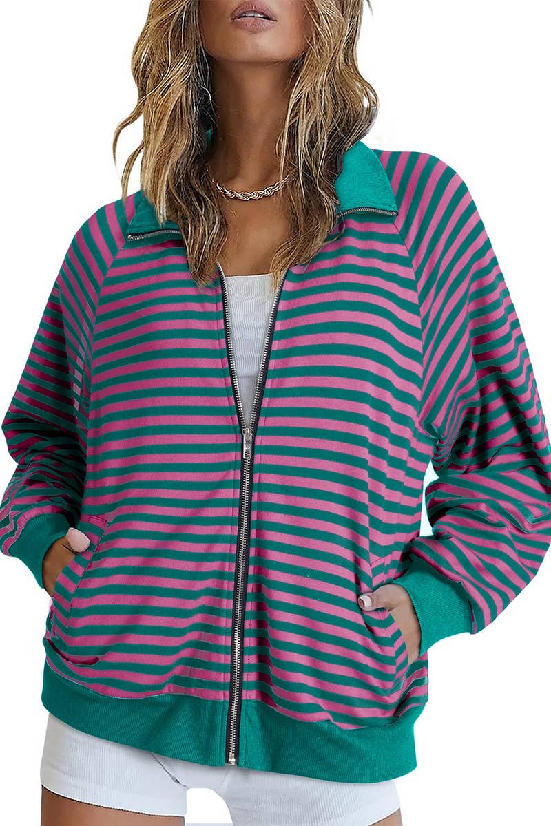 CWOCO0892_CASUAL STRIPED LAPEL CONTRAST ZIPPER SWEATSHIRT