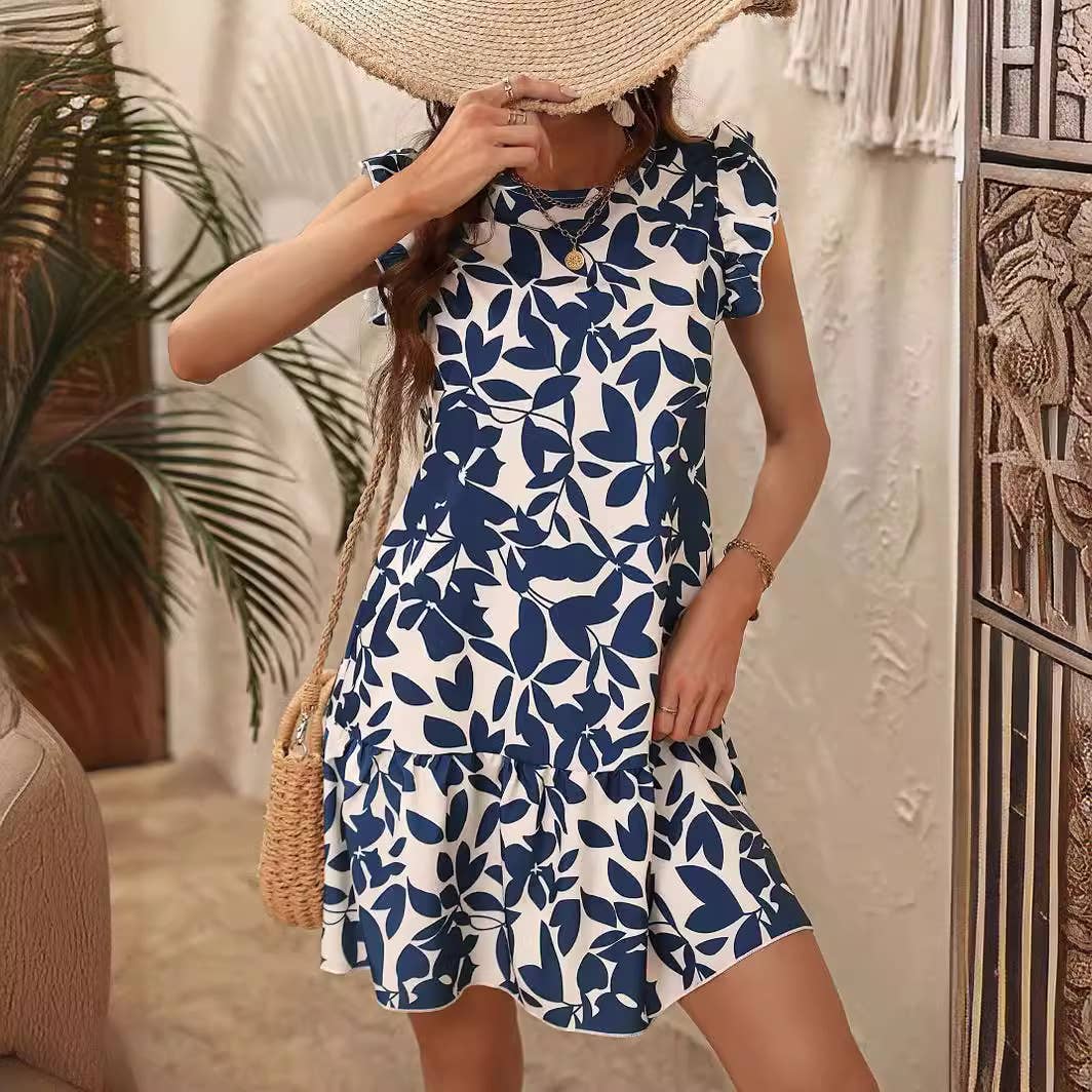 FLY-SLEEVE PRINTED RUFFLED DRESS