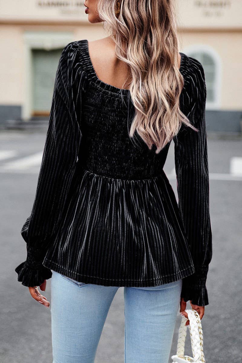 CWTBLL0391_Squre Neck Long Sleeve Smocking Detailed Top