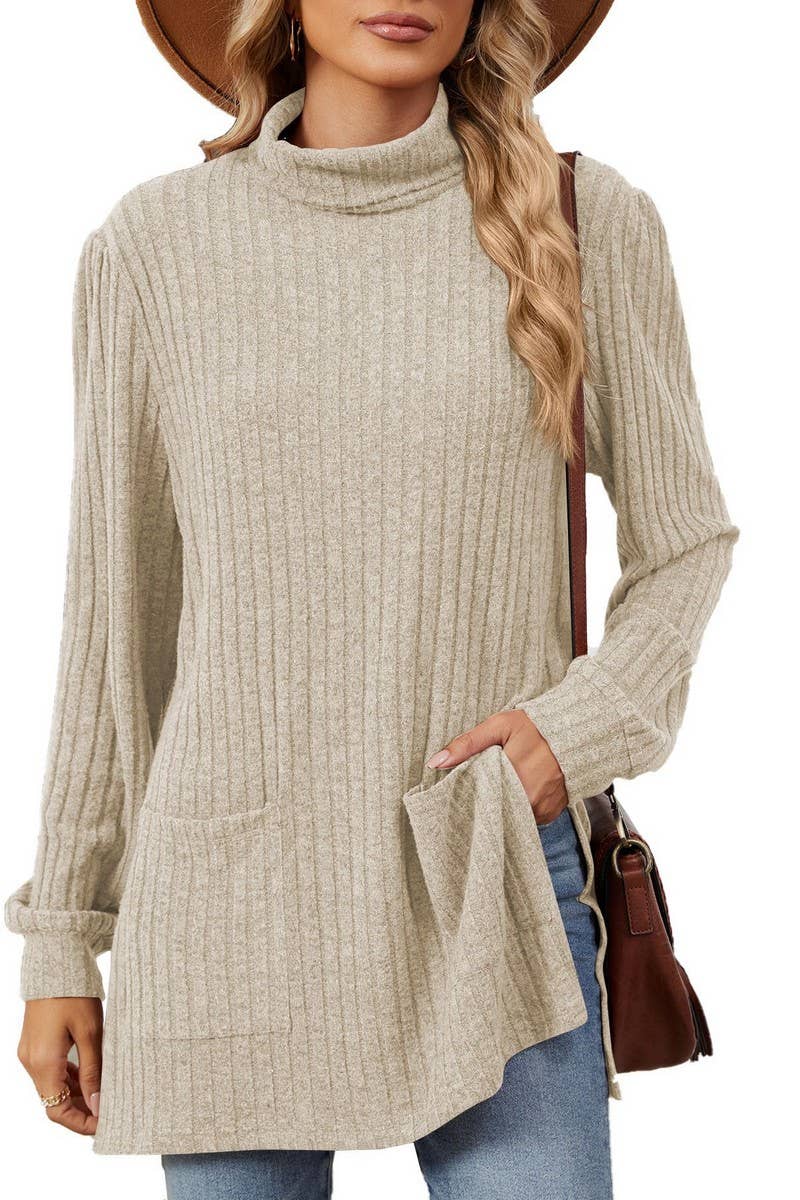 CWTBLL2363_SOLID COLOR HALF TURTLENECK SLIT POCKET TOP