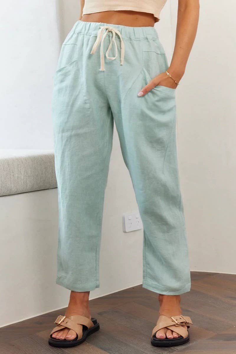 CWBLP01033_LOOSE DRAWSTRING LINEN STRAIGHT CROPPED PANTS