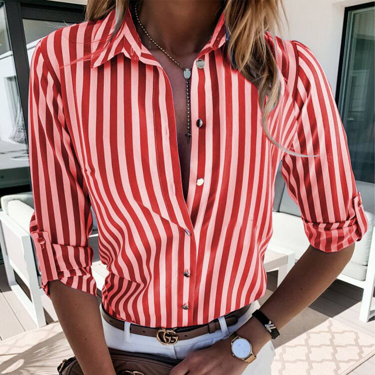 BUTTON-DOWN STRIPED PRINTED SHIRT FOR WOMEN