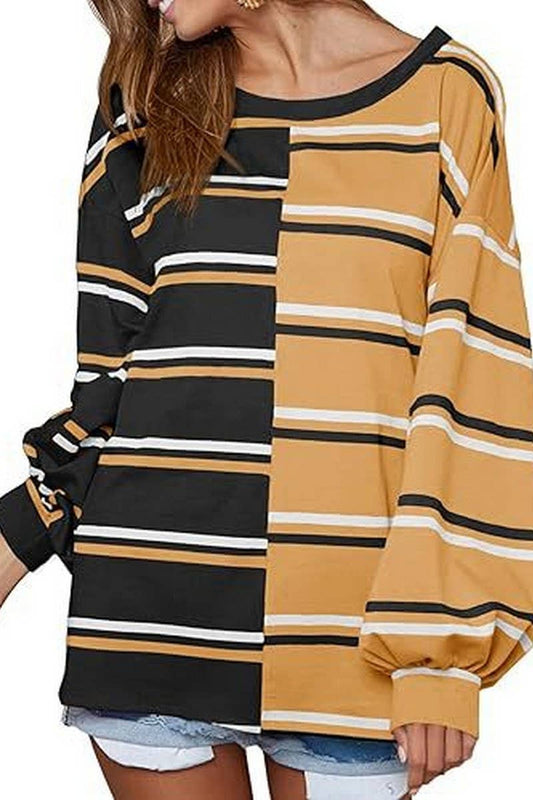 CWTBLL3903_LOOSE CASUAL STRIPED KNIT LONG SLEEVE SWEATSHIRT