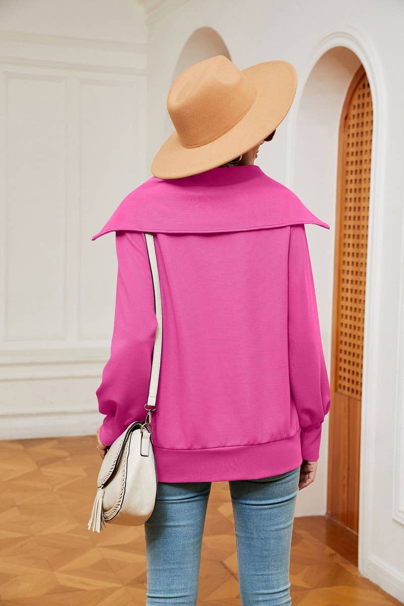 CWTBLL2400_SOLID COLOR ZIPPER LAPEL LOOSE SHAWL SWEATSHIRT