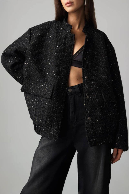 CWOCO0361_FALL FASHION GOLD SEQUIN LONG-SLEEVED JACKET