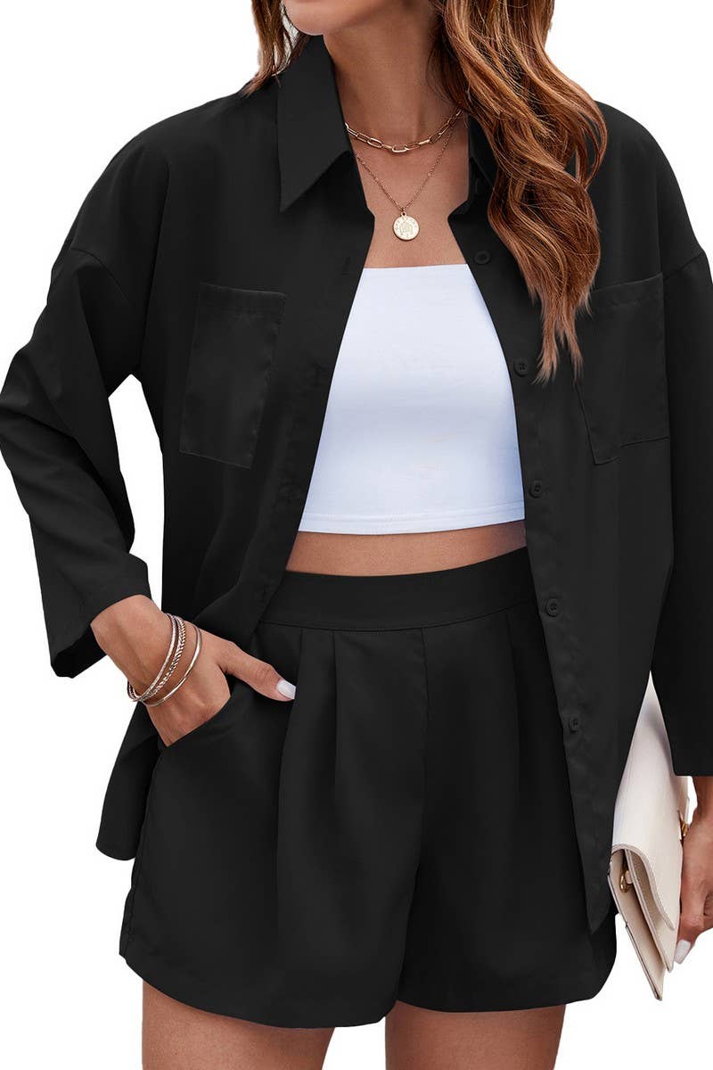 CWSTB1677_LAPEL THREE-QUARTER SLEEVE SHIRT AND SHORTS SUIT