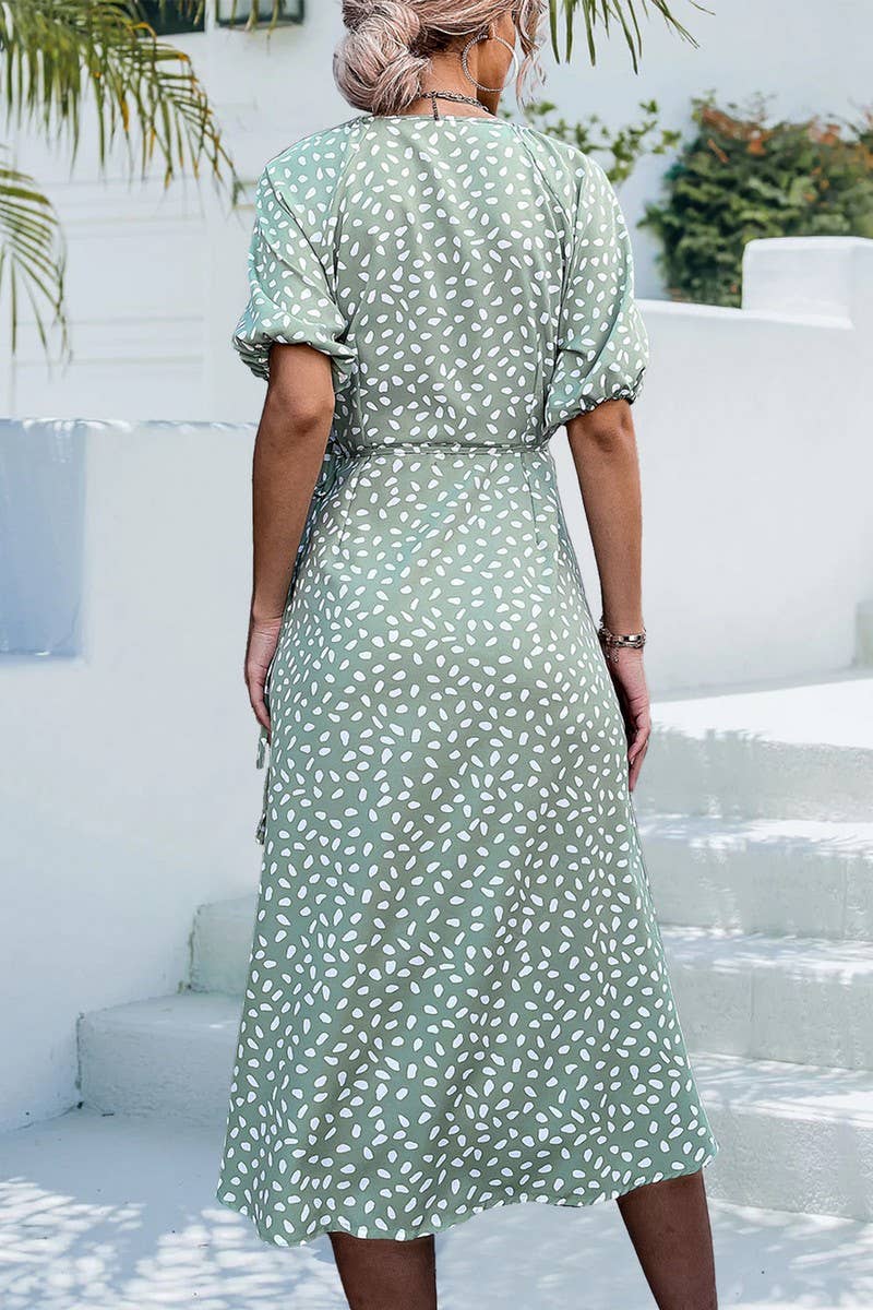 CROSS V NECK STONE FLOWER SPLIT DRESS_CWDSD2657