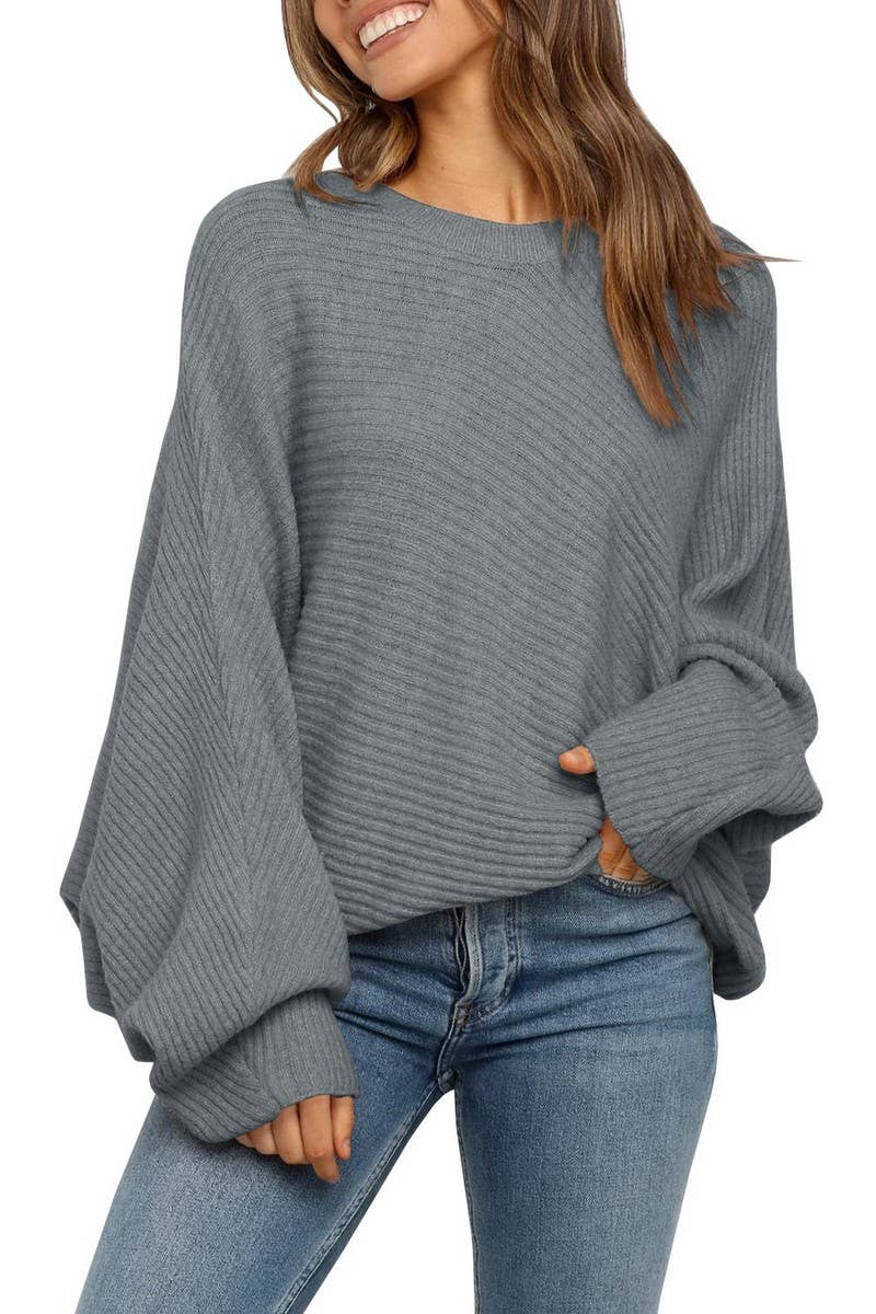 CWOSWL6384_ROUND NECK SOLID COLOR BAT LONG SLEEVE SWEATER
