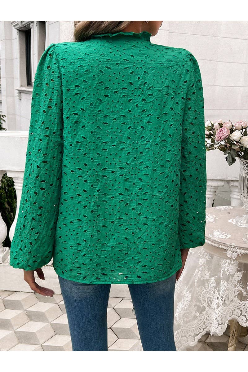 CWTBLL1140_Fashion Woven Hollow Puffy Sleeve Blouse