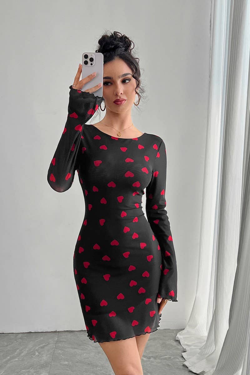 CWDSD8267_HEART PRINT BELL SLEEVE OPEN BACK MESH DRESS