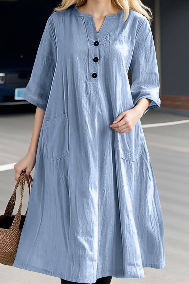CWDMD01065_V-NECK LOOSE THREE-BUTTON POCKET DRESS