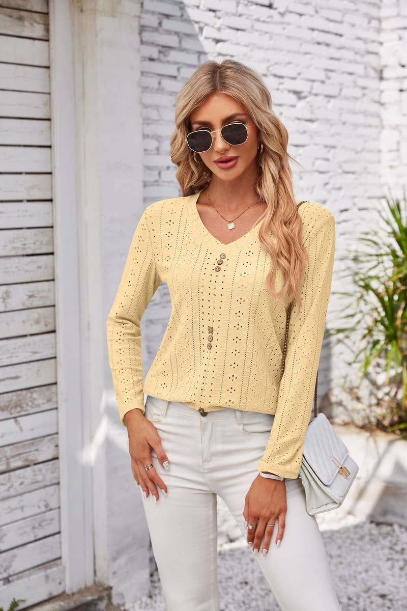 CWTBLL1042_V-NECK LONG-SLEEVED T-SHIRT TOP